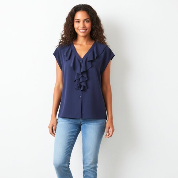 Shein Womens Navy Blue Ruffle Trim Sleeveless V-Neck Top Shirt Blouse Size XL - Picture 1 of 8